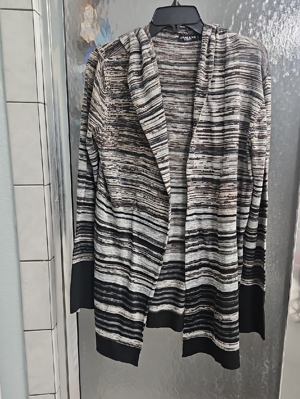 Domani Open-Front Striped Hooded Cardigan - Black & Gray
